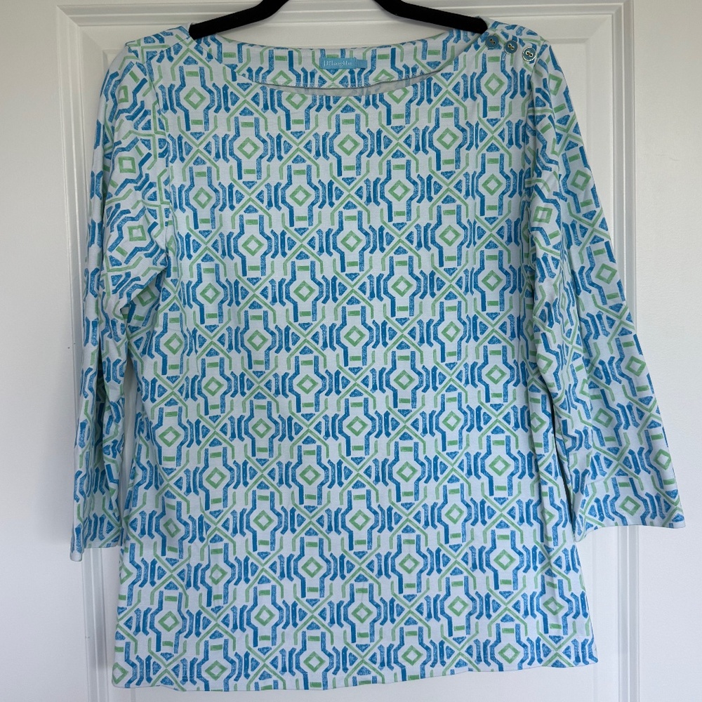 J. McLaughlin Wavering 3/4 Length Sleeve Tee in Blue Green Chainlink size Large